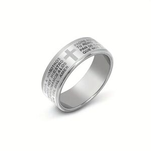 Size 10 Stainless Steel  Silver-Tone Padre Nuestro Lords Prayer Spanish Ring